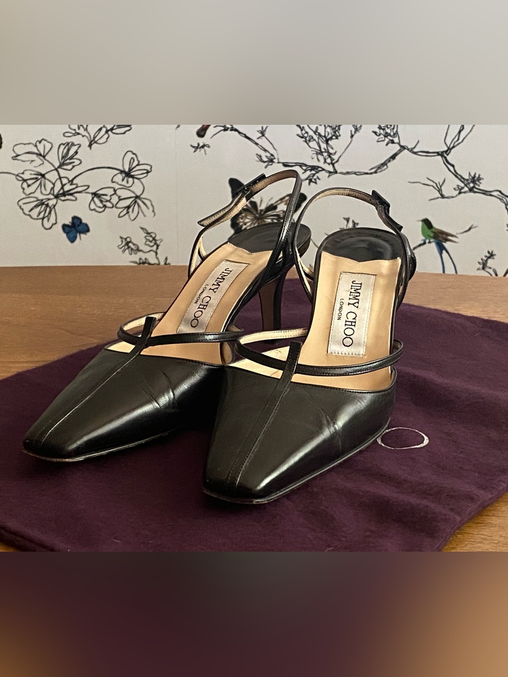 Vintage ‘90s/Y2K Jimmy Choo Black Leather Cutout Slingback Heels